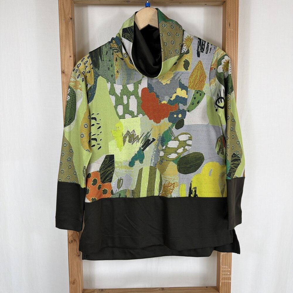 NWT Terra Multicolor Green Brown Cowl Neck Top SZ SM Earthy Abstract Boho Artsy